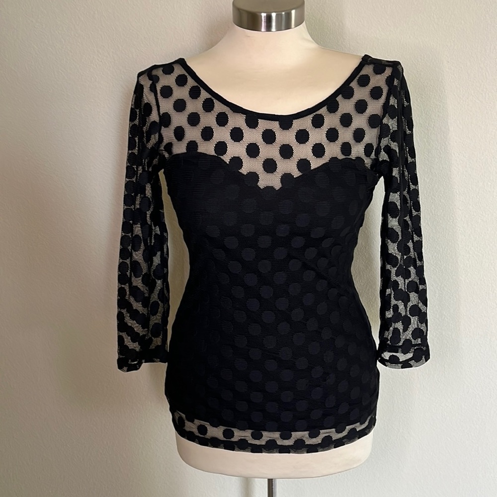 Guess Black Polka dot Mesh Top (Size S)